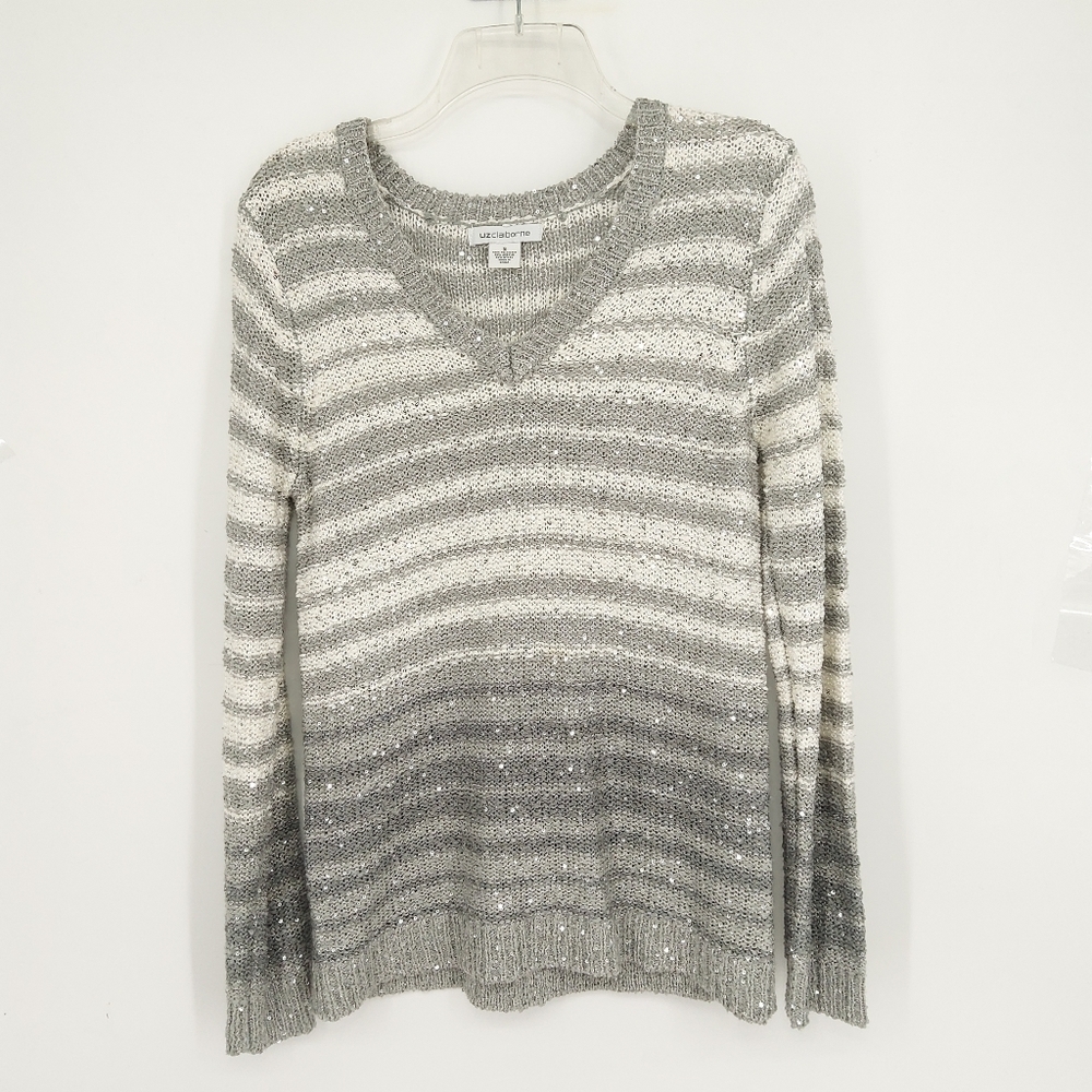 Liz claiborne sequined gray Striped knit sweater size small